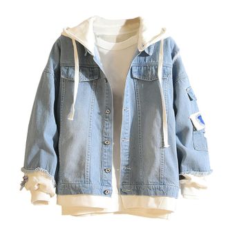Generic Mens Distressed Denim Jacket With Detachable Hood Loose Fit Streetwear Style Faux Two Piece Washed Coat For Fashion (Light Blue, M)