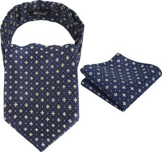Alizeal Mens Cravat Tie Regular Flower Dot Patterned Ascot Tie and Pocket Square Set, Navy+Yellow