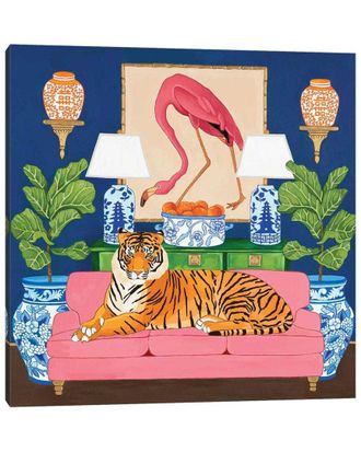 iCanvas Chinoiserie Tiger In The Living Room With Flamingo By Green Orchid Boutique Wall Art