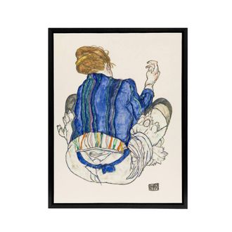 Artery8 Seated Woman Back View Painting Framed Canvas Wall Art Print Schiele in Blue | Size: W24 x H32