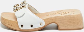 Roger Vivier White Leather Crystal Embellished Viv Clogs
