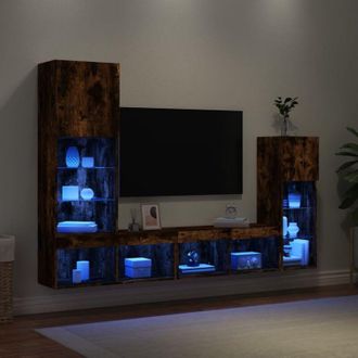 vidaXL Muebles Tv Pared Con Led 4 Pzas Madera Ingenier&iacute;a Roble Ahumado Vidaxl