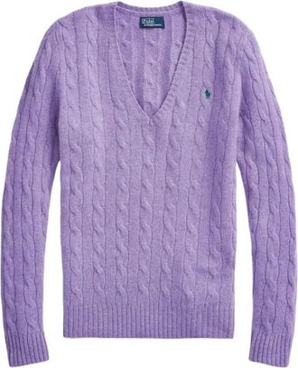 Ralph Lauren Lila Sweaters met V-hals en Kabelpatroon - Dames - V-hals truien - Paars - M - Truien & Vesten