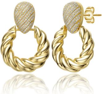Rachel Glauber 14K Gold Plated with Clear Cubic Zirconia Pave Twisted Rope Drop Hoop Door Knocker Earrings