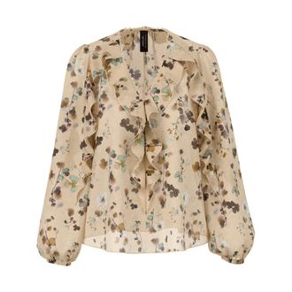 Marc Cain Floral V-neck Blouse with Ruffle Trim - female - Marc Cain - Blouses - Beige - 2XL - Blouses & Shirts