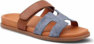 Django & Juliette Womens Nodette Slide Sandal In Washed Denim-Tan Sole Leather