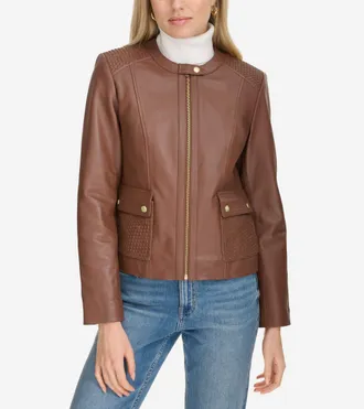 Cole Haan Womens Curved-Seam Leather Jacket - Brown Size Large