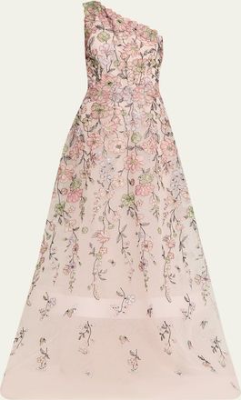 Teri Jon One-Shoulder Embroidered Tulle Gown
