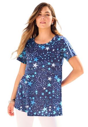 Roaman's Plus Size Ultimate Cotton Crewneck Short Sleeve Swing Tee in Navy Stars at Nordstrom, Size Medium