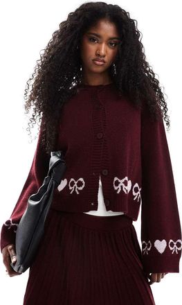 Miss Selfridge heart bow cardigan in burgundy - part of a set-Red