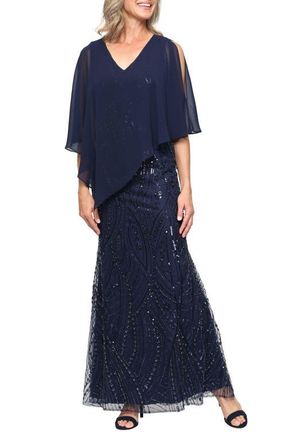 S.L. Fashions Embellished Chiffon & Mesh Gown in Navy at Nordstrom, Size 10