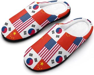 Generic US South Korea China Flag Mens House Slippers Memory Foam Washable Cotton Slip on Home Shoes