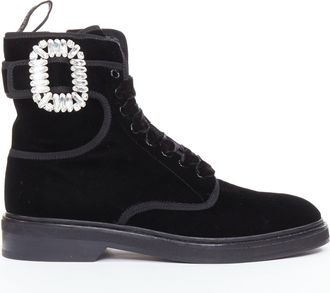 Roger Vivier Viv Rangers black velvet crystal buckle combat boots