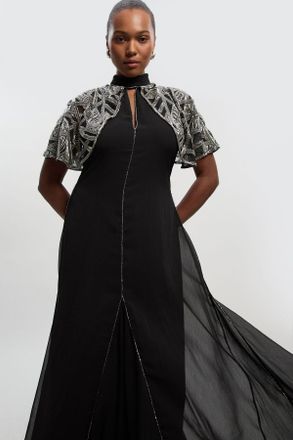 Karen Millen Womens Plus Size Crystal Embellished Cutwork Cape Detail Woven Maxi Dress - Black - Size 22 UK