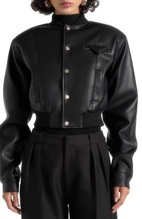 Mani&egrave;re De Voir Zina Leather Wide Shoulder Bomber Jacket in Black at Nordstrom, Size 10