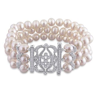 Amour 6.5 - 7 Mm White Cultured Freshwater Pearl Bracelet with Cubic Zirconia In Sterling Silver