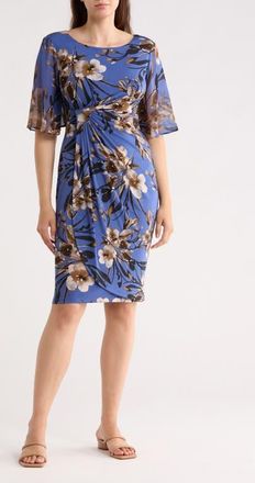 Connected Floral Side Ruched Faux Wrap Dress in Cadet at Nordstrom, Size 22W