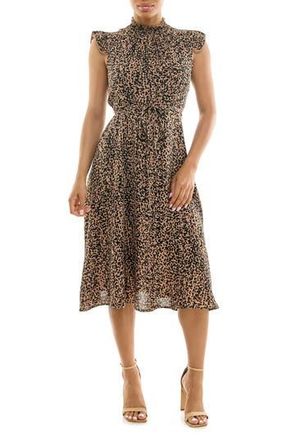 Nina Leonard Smocked Neck Tie Waist Midi Dress in Praline Multi at Nordstrom Rack, Size X-Large