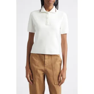 Moncler Knit Collar Cotton Polo in White at Nordstrom, Size X-Large