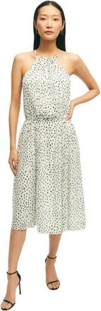 Brooks Brothers Chiffon Dot Print Geplooide Halterjurk - Dames - Casual kleedjes - Wit - XS - Chiffon - Kleedjes