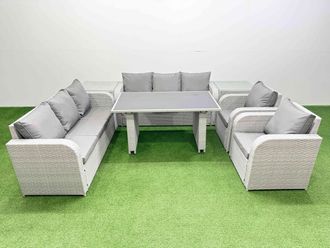 Fimous 8 Seater PE Rattan Furniture Outdoor Reclining Chair Set Light Grey