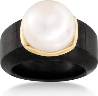 Ross-Simons 13-13.5mm Cultured Pearl Ring in Black Jade and 14kt Yellow Gold