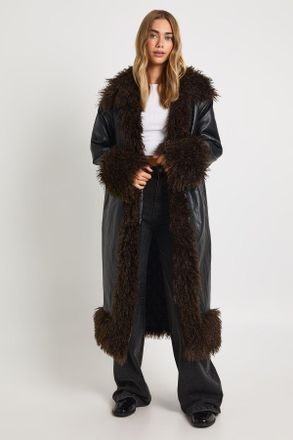 Boohoo Womens Faux Fur Trim Leather Maxi Coat - Black - Size 12 UK