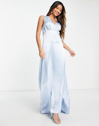 Vila Bridesmaid satin v neck maxi dress with train in pastel blue