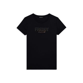 Freddy T-shirt donna con mini spacchi laterali e logo in strass