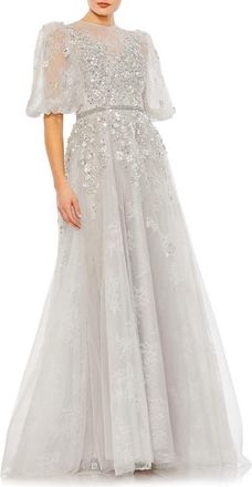 Mac Duggal Embellished Puff Sleeve A Line Gown in Platinum at Nordstrom, Size 16