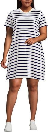 Lands End Plus Size Cotton Jersey Crew Neck T Shirt Dress in Ivory/deep Sea Spaced Stripe at Nordstrom, Size 2X