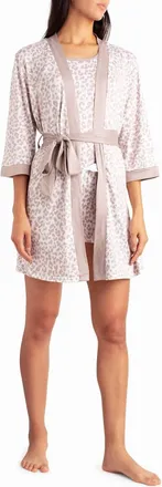 Nicole Miller Peached Jersey Three-Piece Sleepwear Set In Beige Animal