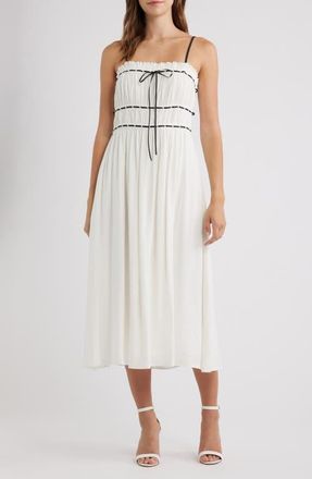 Lulus Ilse Front Tie Midi Dress in White/Black at Nordstrom, Size X-Large