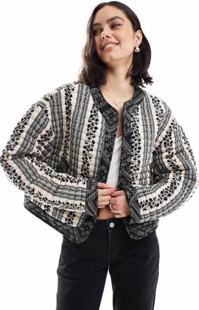 Asos cropped quilted patchwork jacket in black and white floral-Multi