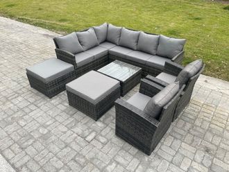Fimous 10 Seater Outdoor Garden Furniture Set Wicker PE Rattan Corner Sofa Set with Square Coffee Table 2 Big Footstool in Dark Grey