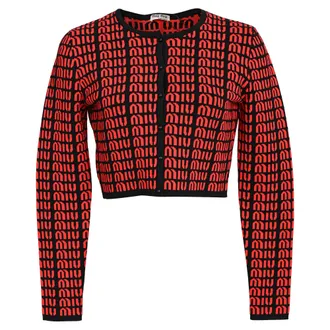 Miu Miu Logo All Over Cropped Cardigan in Red and Black Rayon