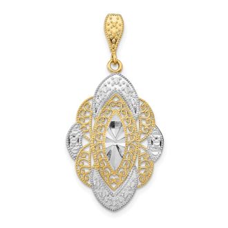 Diamond2Deal 14k Yellow Gold Rhodium Diamond-Cut Filigree Oval Charm