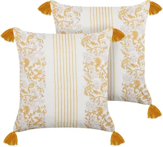 Beliani Conjunto De 2 Cojines De Algod&oacute;n Amarillo Blanco 45 X 45 Cm Floral A Mano Biloba