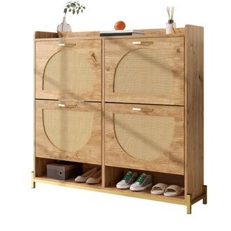 STILVORA Mueble Zapatero Con 4 Puertas Y Estante Superior, Dise&ntilde;o Estrecho, Estilo Natural, En Mdf, 108,5&times;24&times;100 Cm, Madera