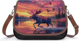 Generic Running Moose And Butterfy Crossbody Bag Womens Handbag PU Message Bags Shoulder Purse with Adjustable Strap