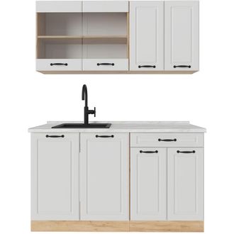 Vicco Cocina versátil R-Line, Casa de campo blanca/roble dorado, 140 cm, et Mármol