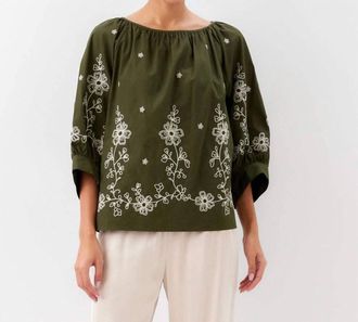 Karen Kane Embroidered Blouson Sleeve Top In Olive
