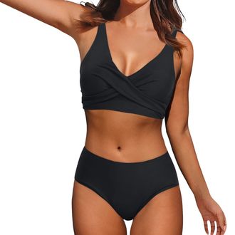 Generic Womens High Waist Bikini Set 2 Piece Swimsuit Womens Bikini Sets High Waisted Underwire Adjustable Straps Ruched Full Coverage Bottom for Beach and Po