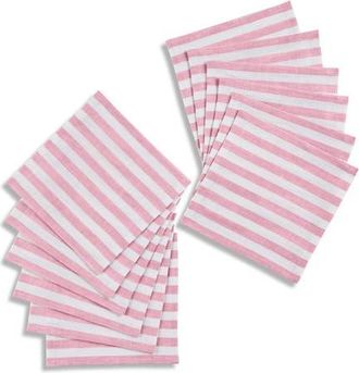 Solino Home Linen Cocktail Napkins Set of 12, 6 x 6 Inch for Dining Table, Holiday and Everyday Table Decor - Amalfi Stripe in Cherry Blossom And