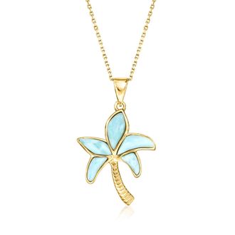 Ross-Simons Larimar Palm Tree Pendant Necklace in 18kt Gold Over Sterling