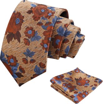 Alizeal Mens Floral Tie and Pocket Square Wedding Groomsmen Party Retro Flower Patterned Necktie Set, Rust+Blue