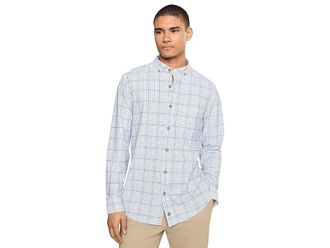 Johnston & Murphy XC+ Motion Long Sleeve Dress Knit Shirt Mens Clothing Blue/Tan Plaid Sport Shirt : 3XL, Nylon