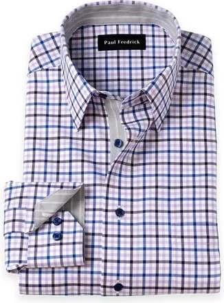 Paul Fredrick Cotton Poly Spandex Point Collar Twill Slim Contrast Trim Button Cuff Long Sleeve in Purple/blue at Nordstrom, Size 17.5