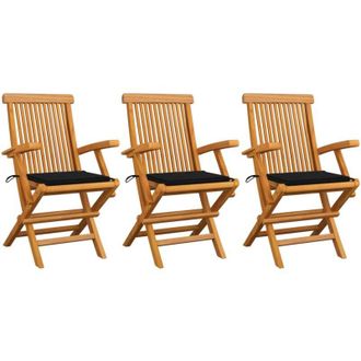 vidaXL Sillas De Jard&iacute;n 3 Uds Madera Maciza De Teca Con Cojines Negros Vidaxl