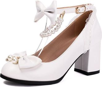 Generic Womens Round Toe Pumps Bow Accent Pearl Detail Elegant Ankle Strap Buckle Closure Chunky Block Heel Dress Shoes Comfortable for Fashion Lolita,White,1